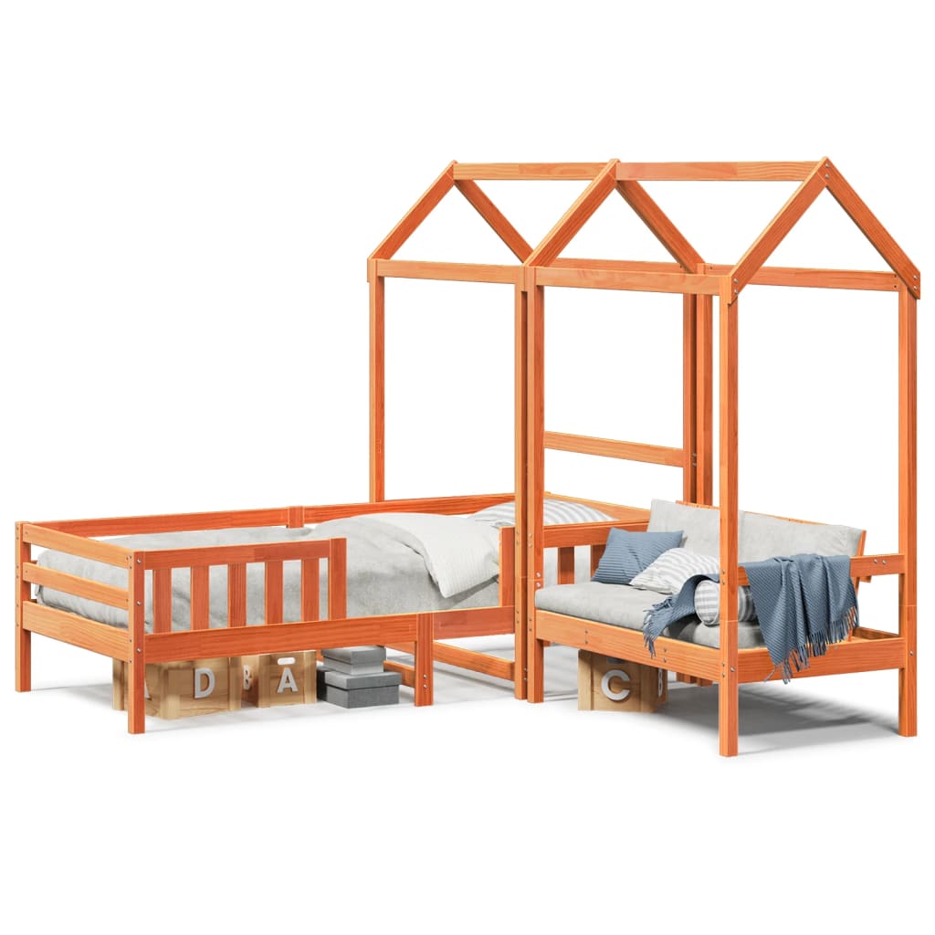 vidaXL Set de cama y banco con techo madera de pino marrón 90x200 cm