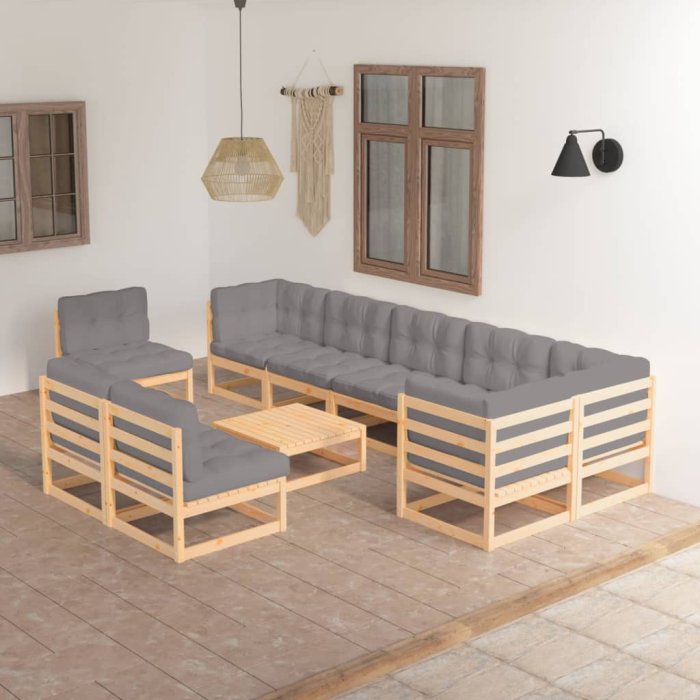 Juego de muebles de jardín 10 pzas y cojines madera maciza pino VX-3076689