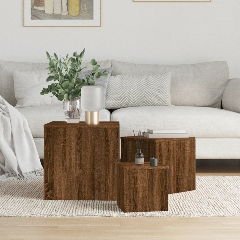 Mesitas auxiliares 3 piezas madera contrachapada marrón roble VX-815989