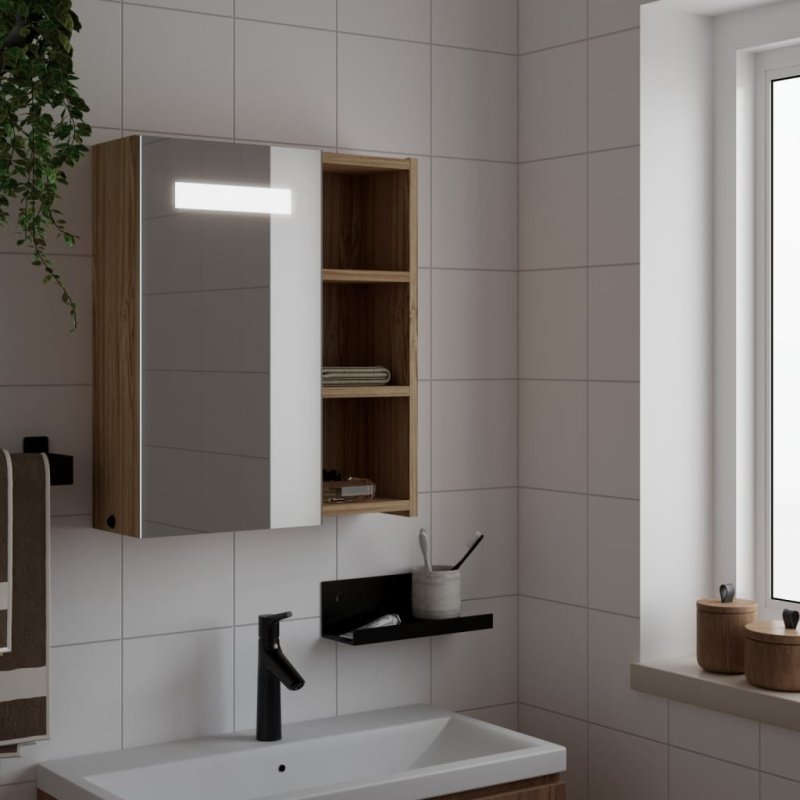 Mueble de baño con espejo y luz LED roble 45x13x52 cm VX-357968